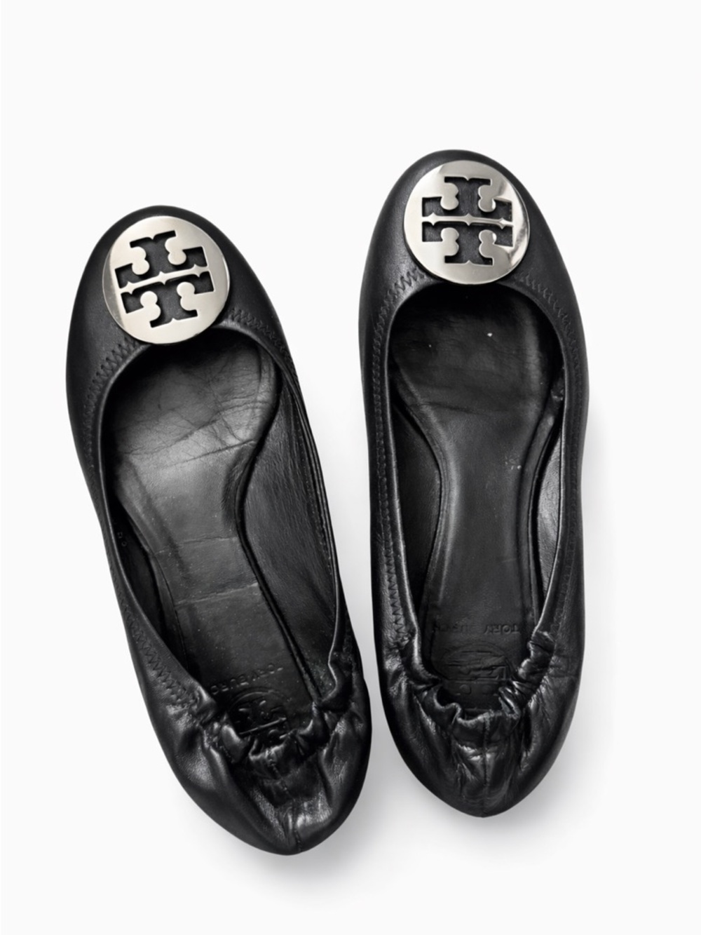 Tory Burch Black Leather Logo Round-Toe Ballet Flats - Picture 9 of 12